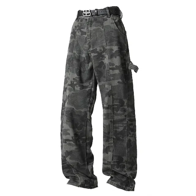 颂希尔 美式高街复古潮流迷彩秋季重磅潮牌宽松直筒做旧水洗伐木裤百搭休闲工装裤子牛仔裤 男女同款