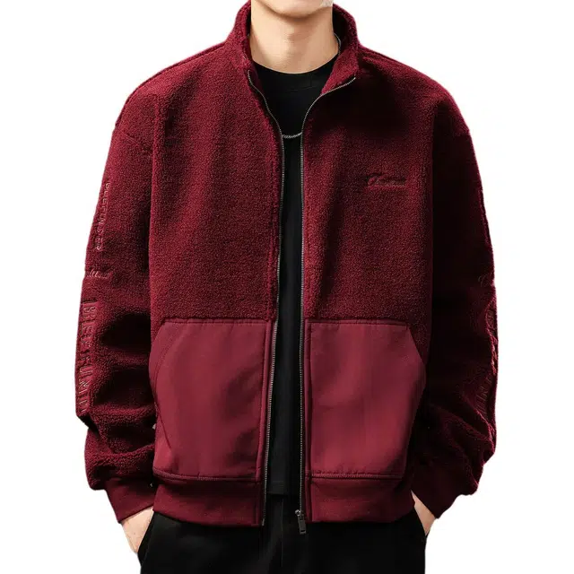 贵色 美式潮流羊羔绒棉长袖舒适柔软潮牌复古风穿搭休闲拼接拼色创意设计休闲立领上衣绒感外套 男女同款