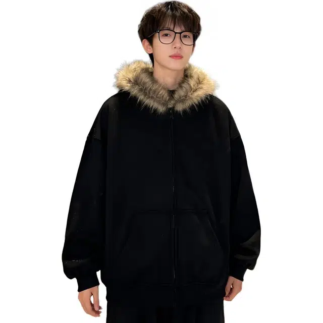 华夏儿女 美式复古慵懒风毛领拉链宽松休闲显瘦连帽上衣外套卫衣 男女同款