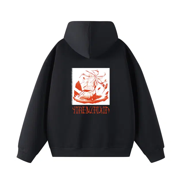 一人之下 官方漫画张灵玉阴五雷人物剪影艺术字母印花美式休闲宽松舒适时尚潮流百搭日常通勤落肩长袖连帽卫衣 男女同款