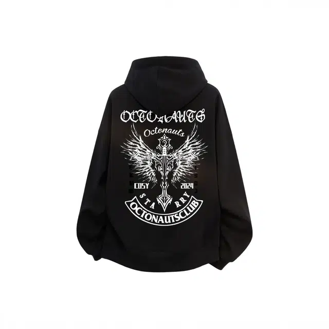 海底小纵队 美式复古高街百搭休闲通勤连帽宽松字母后背翅膀剑印花纯棉重磅长袖简约哥特风落肩国潮学生春秋潮流卫衣 男女同款
