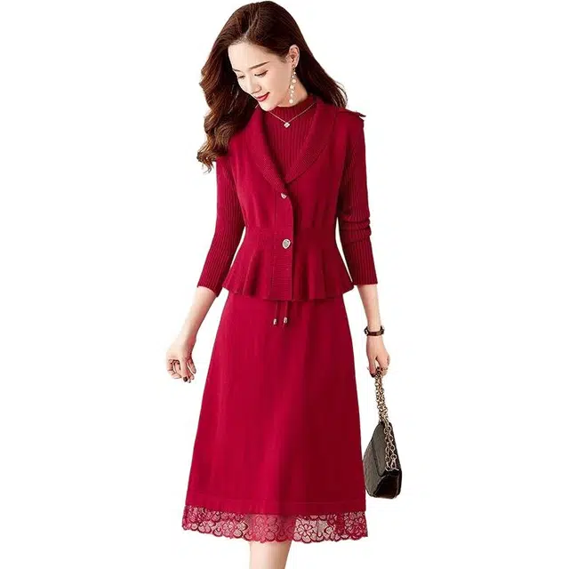 纤丝鸟 两件套时尚马甲中长款过膝毛衣打底裙套装长袖连衣裙 女款