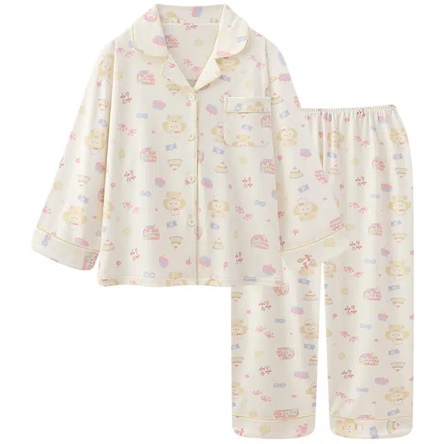 俏霓桐 简约甜美可爱卡通翻领开衫蓄温保暖德绒加绒长袖长裤家居服可外穿睡衣套装 女款