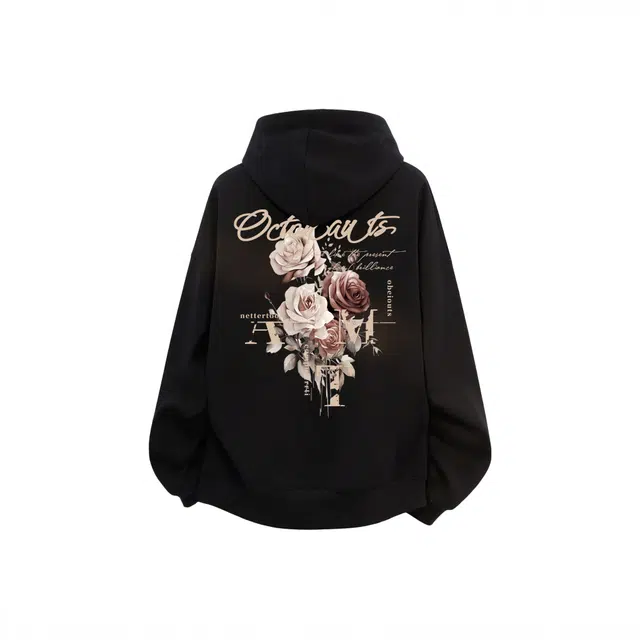 海底小纵队 美式复古高街简约落肩连帽无绳宽松字母后背玫瑰印花纯棉重磅长袖百搭休闲通勤国潮学生春秋潮流卫衣 男女同款