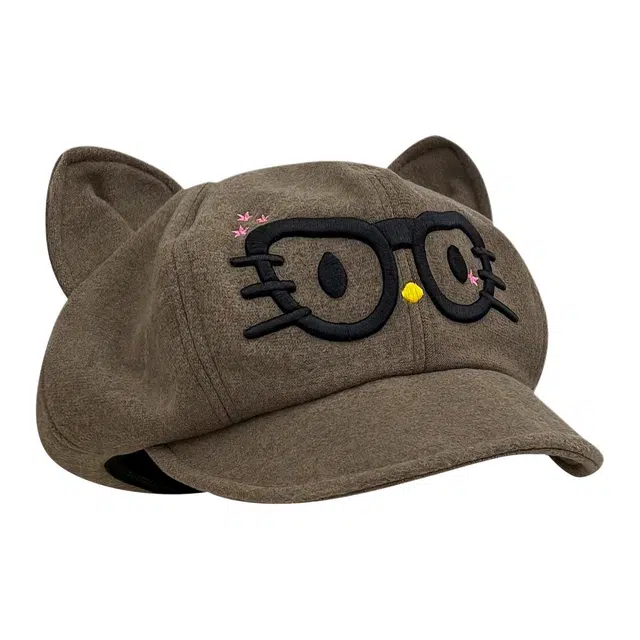 木林森 日系可爱卡通眼镜猫咪耳朵大头围显脸小复古 棉 贝雷帽 男女同款情侣款