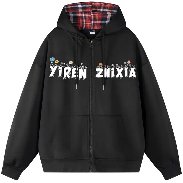 一人之下 美式复古趣味手绘涂鸦品牌字母仿刺绣花卉潮流宽松落肩长袖时尚日常通勤简约经典撞色格纹帽衫百搭休闲连帽开衫外套卫衣 男女同款