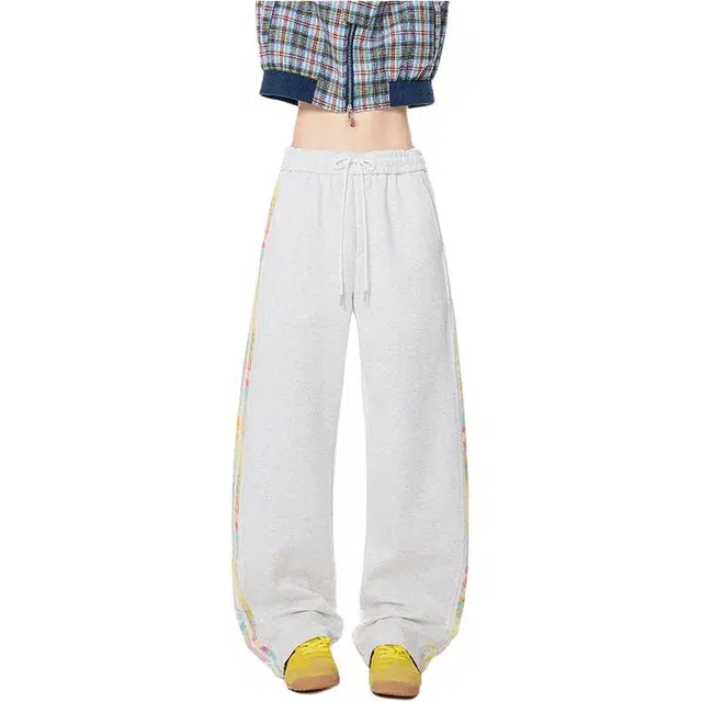 拓菲 美式高街彩色花卉三条杠裤子男白花直筒运动卫裤重磅条纹宽松休闲裤 男女同款