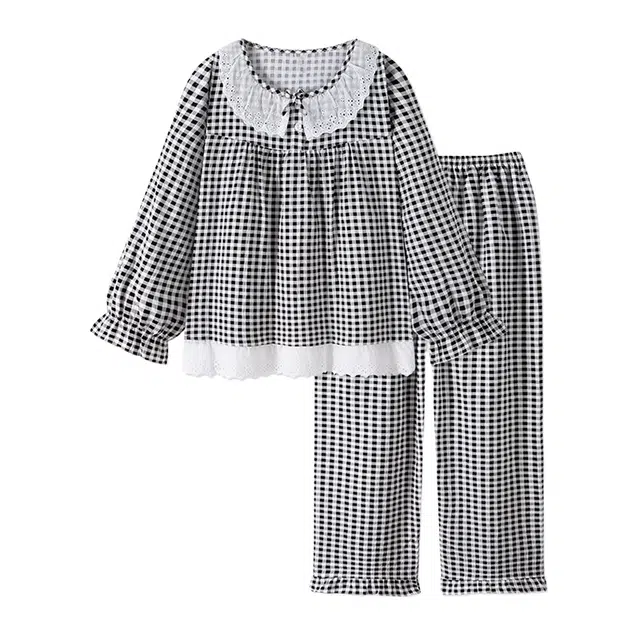 橡柠派 格纹小清新娃娃领可爱设计感舒适亲肤少女感长裤长袖家居服两件套公主风蕾丝边拼接睡衣套装 女款