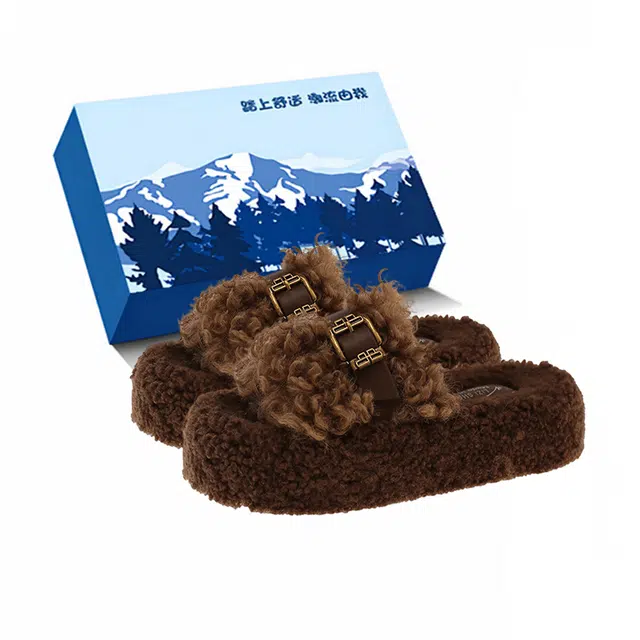 小鹿米利 厚底增高轻便舒适毛毛小个子外穿休闲棉拖一字拖鞋 女