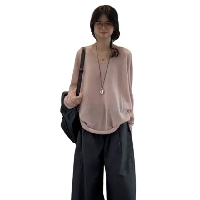 沐晓欣 长袖女早秋季内搭打底衫宽松慵懒套头上衣针织衫 女款