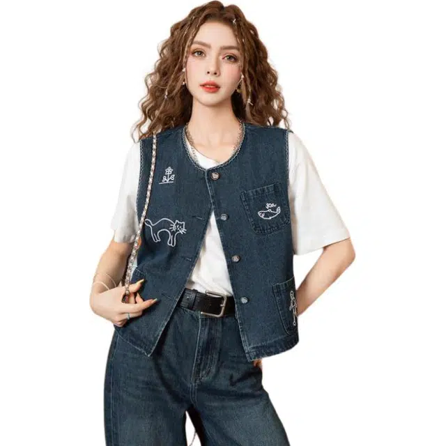 法文箱子 刺绣牛仔高级感马甲 女款