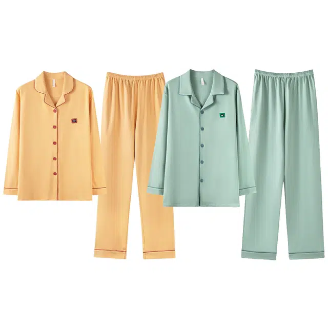 俏韵 翻领春秋季天纯棉简约纯色长袖长裤甜美舒适休闲家居服可外穿睡衣套装 男女同款