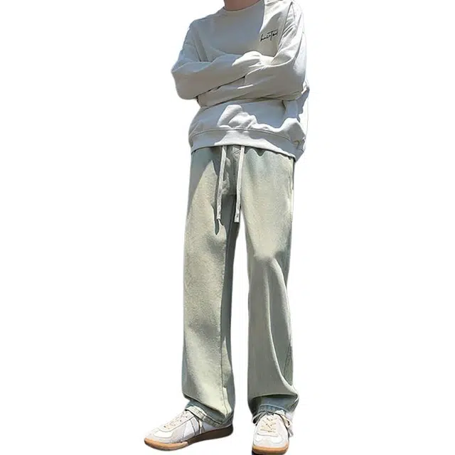 如续 美式复古水洗做旧系带松紧腰基础款直筒长裤潮流百搭舒适休闲通勤牛仔裤 男女同款