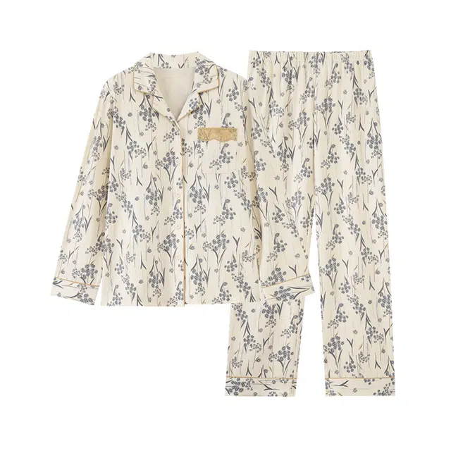 芬腾可安 纯棉外出可穿设计慵懒感春秋休闲少女开衫家居服睡衣套装 女款