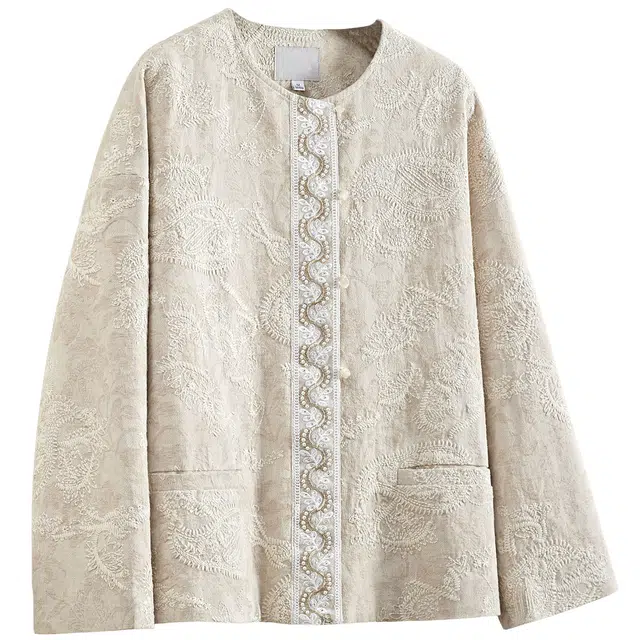 她池 新中式国风圆领单排扣气质宽松款落肩长袖截短外套 女款 米卡其