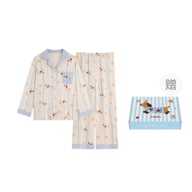 宫蝶 腊肠狗柔软长袖开衫卡通甜美风宽松休闲家居服睡衣套装 女款 礼盒装