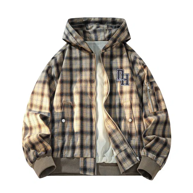 敦煌博物馆 美式复古嘻哈经典撞色格子设计字母万针刺绣户外休闲百搭纯棉面料加肥大码潮流连帽长袖夹克 男女同款