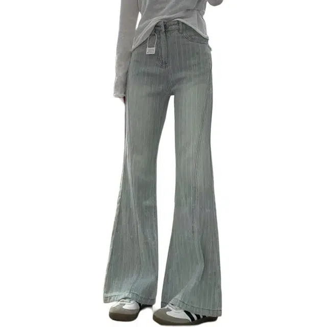 如续 复古风格时尚设计舒适百搭不贴腿提花微喇裤小众小个子梨形身材高腰显瘦喇叭裤牛仔裤 女款