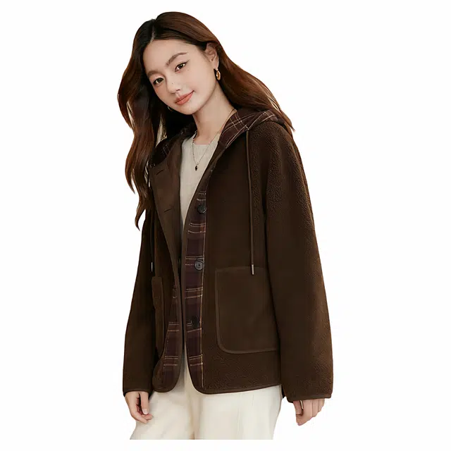 佐塞斯 高端品质轻奢复古棕色羊羔绒厚冬季宽松休闲巴恩风绵羊毛连帽上衣绒感外套 女款