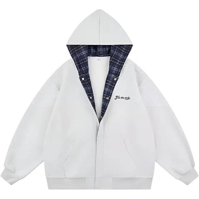 拾个壹先生 美式高街小众痞帅嘻哈潮复古格子拼接高级感开衫连帽无性别主义穿搭亲肤柔软舒适时尚个性休闲百搭设计感宽松外套卫衣 男女同款