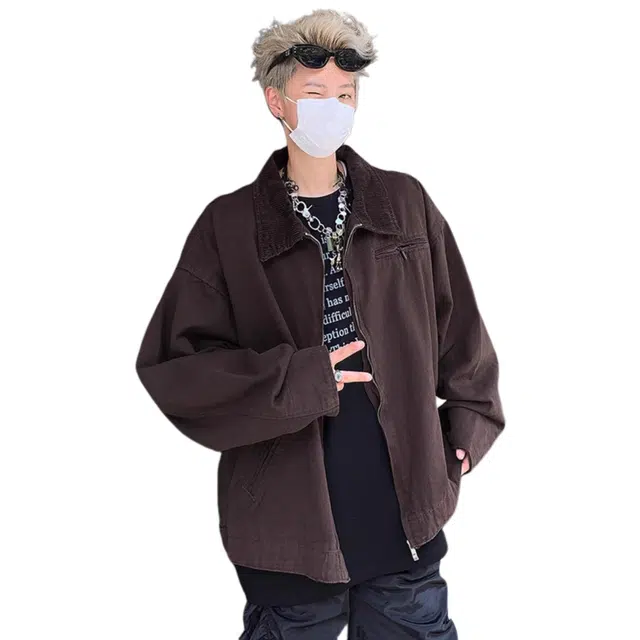 虫小绿 灯芯绒拼接翻领底特律工装外套春秋季棒球服重磅水洗美式复古潮牌宽松经典百搭拉链开衫哈灵顿夹克 男女同款