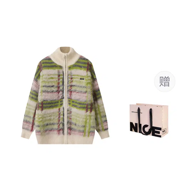 水田夏 秋冬季慵懒风复古拉链开衫男宽松高级感情侣条纹撞色外套针织衫 男款