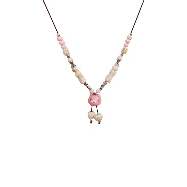 前方大荒野 小熊转运珠锁骨链可爱熊熊粉色满满甜美温柔梦幻精致时尚小众设计好运 菩提根 项链 女款