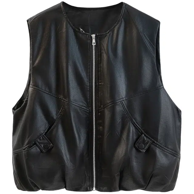 丝柏舍 纯色圆领马夹拼接宽松款休闲风叠穿皮衣拉链马甲 女款