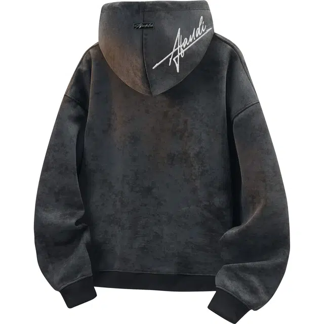 阿凡迪 美式复古街头简约基础扎染设计仿万针刺绣手写花体字母潮牌印花织唛宽松舒适休闲百搭时尚潮流通勤长袖抽绳重磅连帽卫衣 男女同款