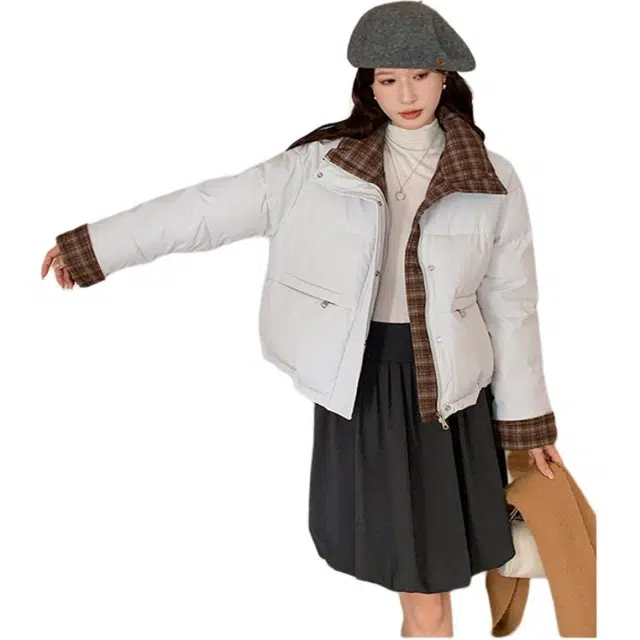 丝絮丝绸 冬季时尚宽松舒适韩版拼接格子外套棉服 女款