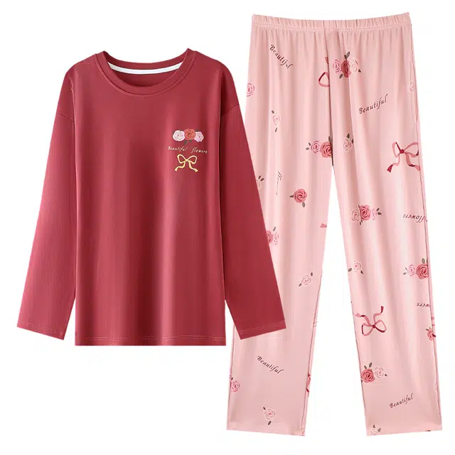 草本初色 纯棉柔软亲肤舒适透气少女心蝴蝶结带胸垫防凹点套头长袖家居服两件套睡衣 女款