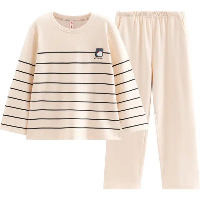 芬腾 情侣春秋季慕斯绒圆领长袖简约条纹休闲女士家居服睡衣套装 女款