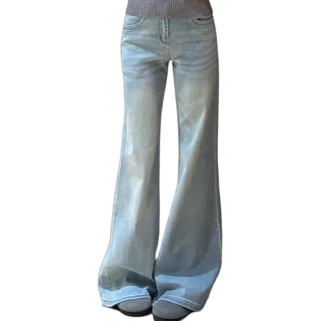 么宁 复古浅色低腰微喇宽松阔腿显瘦垂感直筒喇叭裤子牛仔裤 女款