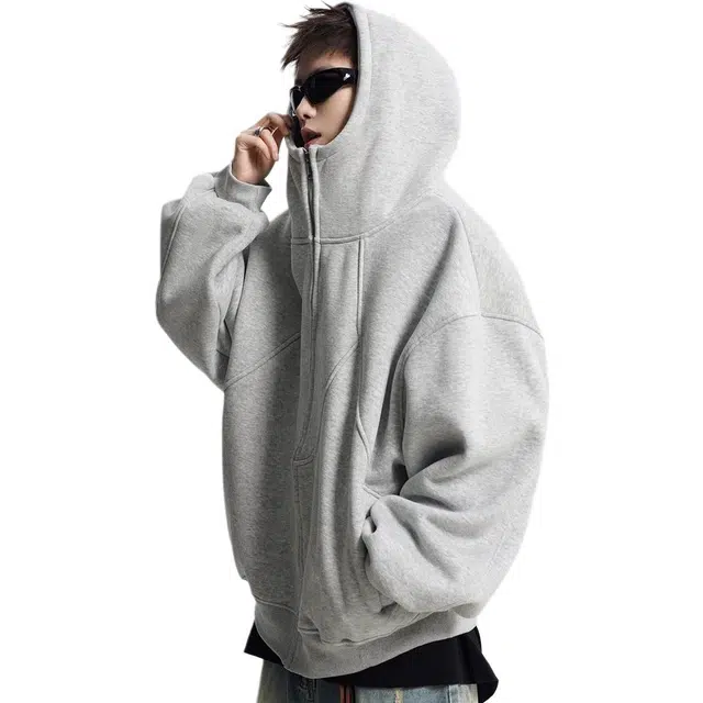 虫小绿 美式解构设计感拼接高街潮牌休闲长袖上衣复古运动百搭开衫宽松加厚保暖情侣款连帽卫衣 男女同款