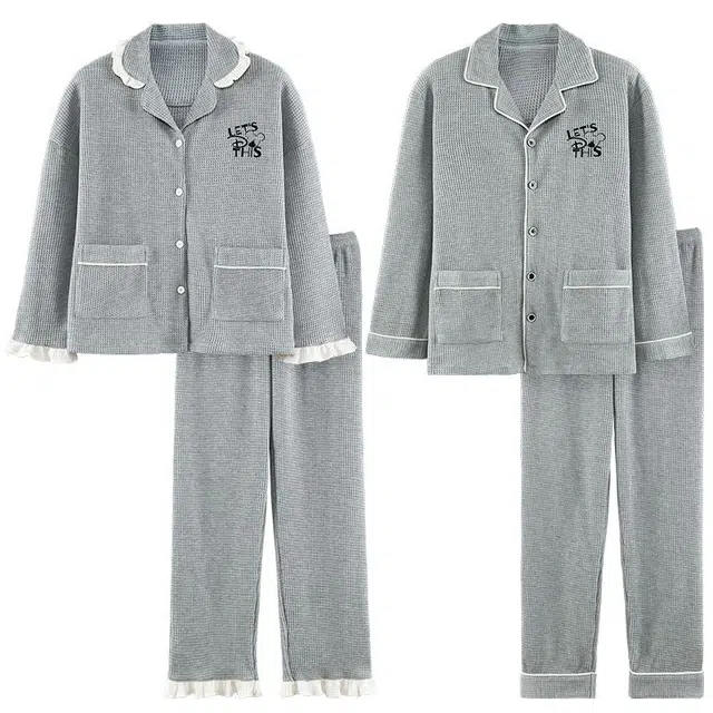 俏韵 翻领春秋季简约字母长袖长裤甜美舒适休闲高级家居服可外穿睡衣套装 男女同款