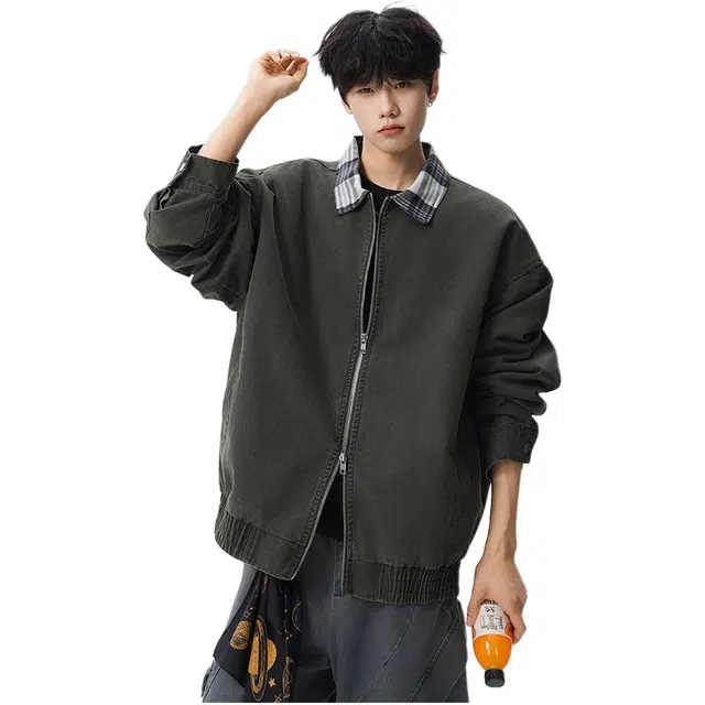 拓菲 美式复古格子翻领男款秋季潮牌水洗做旧宽松短款廓形工装外套夹克 男女同款