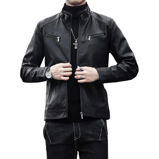 左岸 美式复古机车纯色气质加厚加绒外套设计立领保暖潮流休闲修身显高长袖上衣皮衣 男款