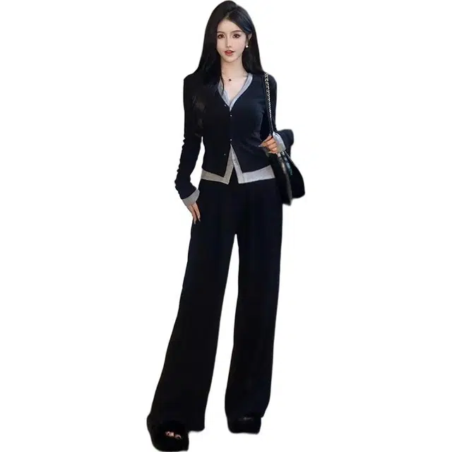 丝絮丝绸 春秋修身显瘦时尚设计感假两件小香风上衣阔腿裤两件套休闲套装 女款