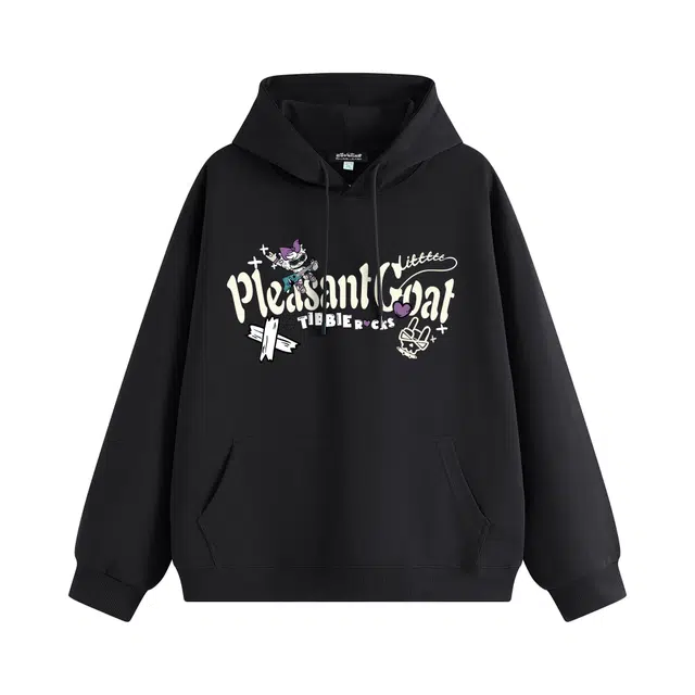 喜羊羊与灰太狼 美式复古创意手绘嘻哈摇滚美羊羊卡通字母印花长袖帽衫时尚潮流日常通勤宽松舒适休闲百搭运动户外学院风套头连帽卫衣 男女同款