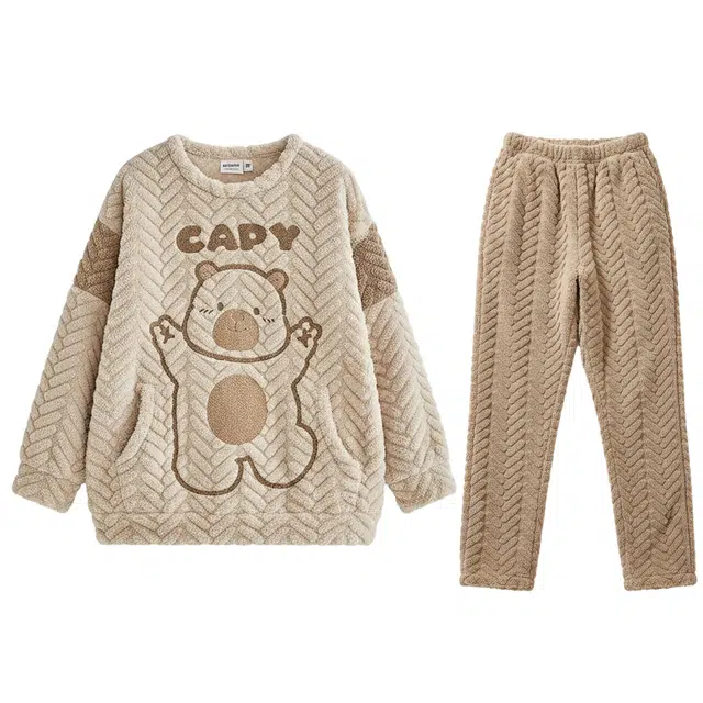 俏霓桐 圆领青少年加厚加绒珊瑚绒保暖舒适卡通学生可外穿家居服睡衣套装 男款