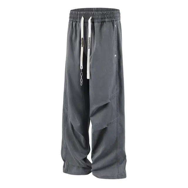 敦煌博物馆 美式复古褶皱直筒阔腿拖地休闲长裤中腰潮流纯色学院风百搭运动伞兵机能工装裤 男女同款