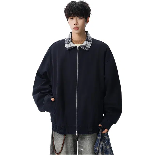 拓菲 美式双拉链格子拼接撞色翻领外套男春秋季潮牌复古宽松休闲男生工装夹克 男女同款