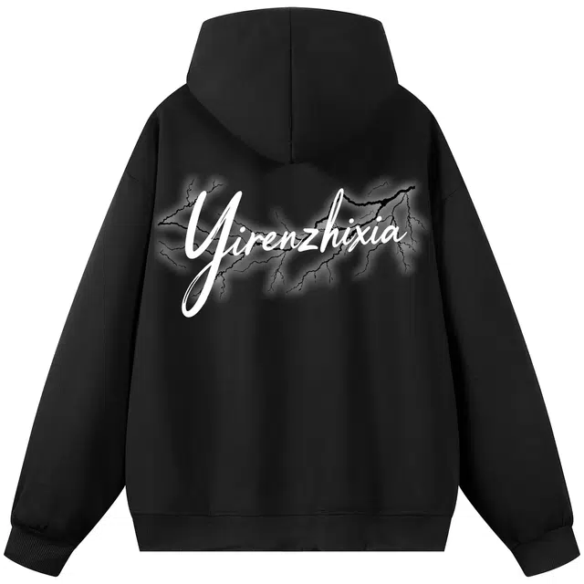 一人之下 美式复古潮流宽松落肩长袖时尚手绘花体签名字母幻影闪电图案日常通勤简约经典撞色格纹帽衫百搭休闲连帽套头卫衣 男女同款