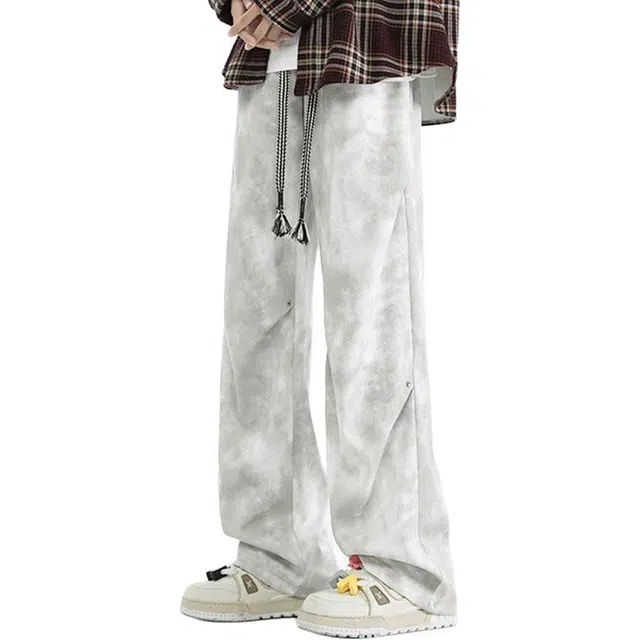 特斯型 日系脏脏休闲裤男秋季垂感直筒裤子高街阔腿加绒保暖长裤 男款