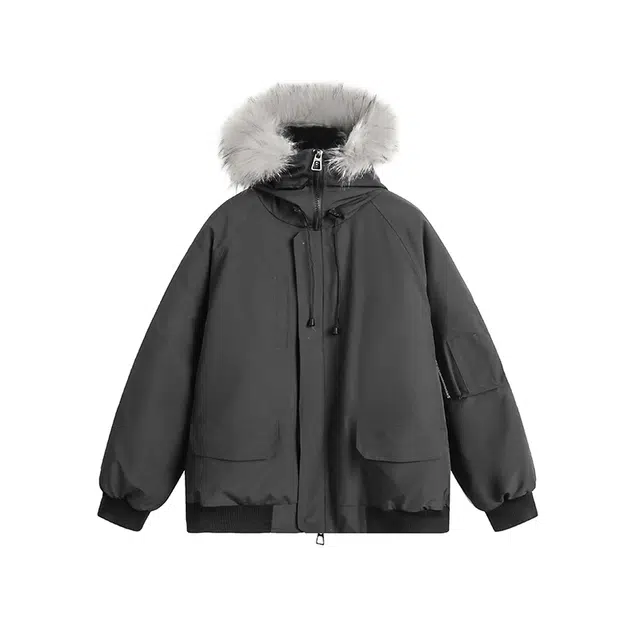 欧迪芬 复古简约纯色学院风加厚保暖防风百搭舒适户外休闲运动登山旅行多口袋工装外套无性别主义情侣款可拆卸毛领立领连帽棉服 男女同款