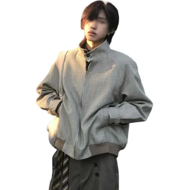 黑马漫画 千鸟格哈灵顿外套休闲短宽立体剪裁男秋季帅气夹克 男女同款