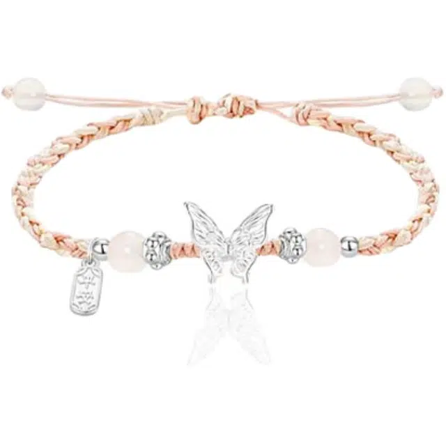 清脆小溪 粉色平安蝴蝶新中式小众轻奢国风转运小福牌精致简约温柔潮流百搭日常通勤 琉璃 玉石手绳 女款