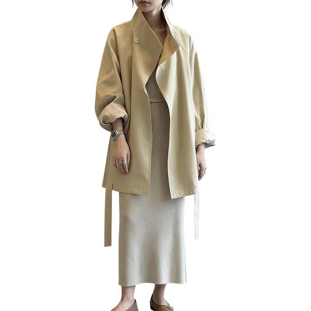 丝絮丝绸 春秋季时尚法式复古气质宽松收腰休闲立领中长款外套风衣 男女同款