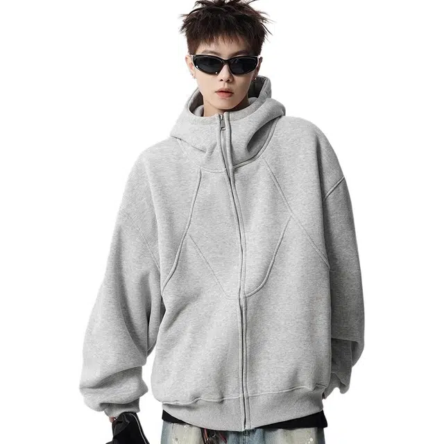 虫小绿 美式解构设计感拼接高街潮牌休闲长袖上衣复古运动百搭开衫宽松加厚保暖情侣款连帽卫衣 男女同款