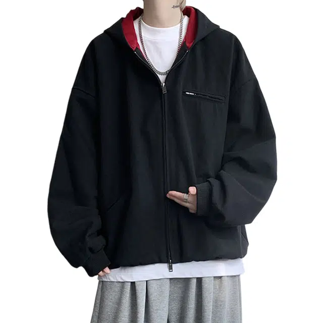 冈哉 做旧拉链拼接连帽拼色短款上衣美式复古简约休闲宽松舒适日常百搭夹克外套 男女同款